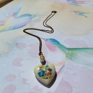 Vintage Floral Heart Pendant Necklace  Victorian Style Gold Tone Brass Chain